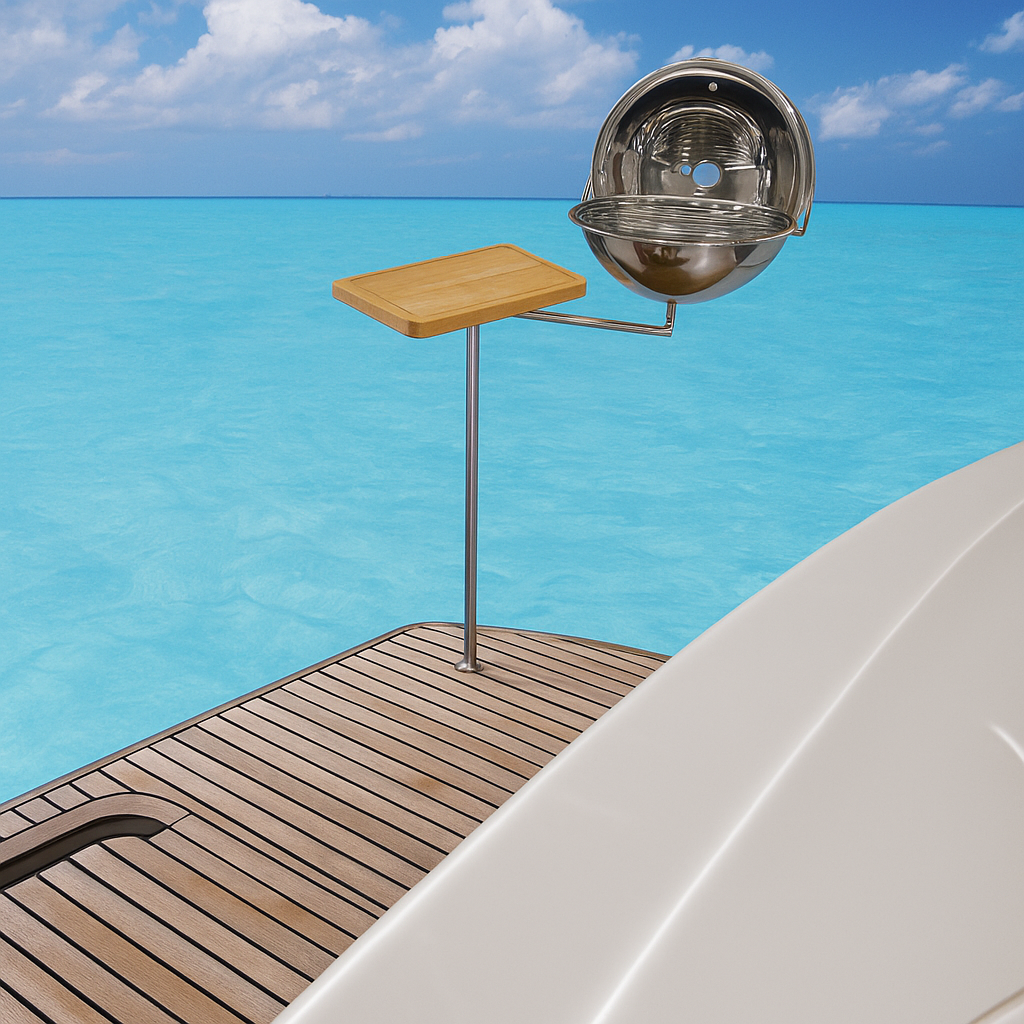 P20 + S20: Churrasqueira Inox com Pedestal Reto 1″ + Suporte com Tábua